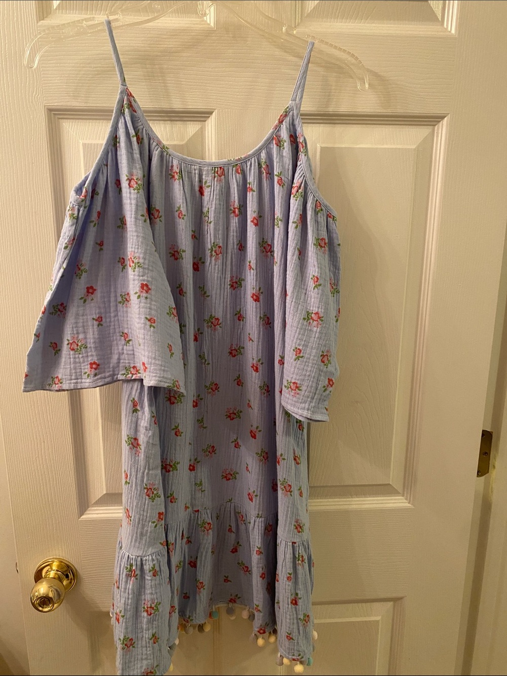 easel Light Blue Floral Off-Shoulder Mini Dress with Pom-Pom Trim - Picture 5 of 5